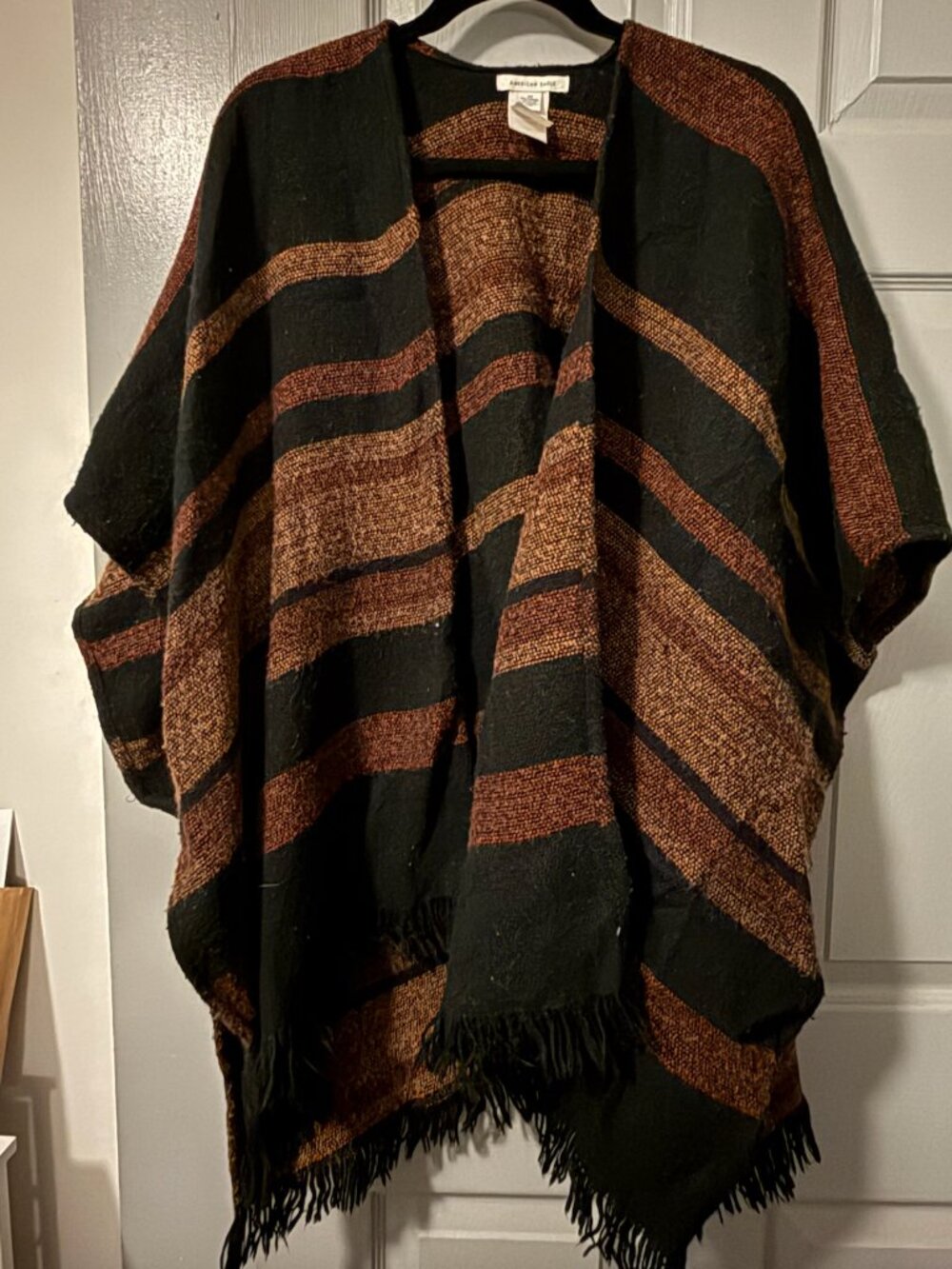 American Eagle Striped Fringe Ruana Poncho | Black & Rust Boho Wrap OS